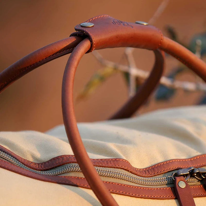 Safari-Styled Explorer II Canvas Duffel in Tan Canvas by Safari Store USA - leather trim and handles