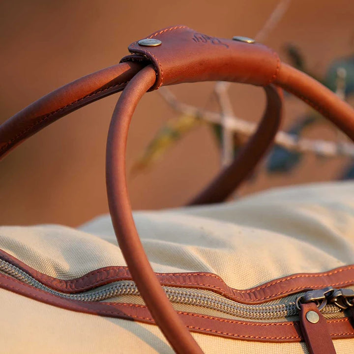 Safari-Styled Explorer II Canvas Duffel in Tan Canvas by Safari Store USA - leather trim and handles