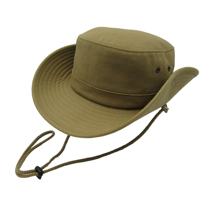 Adventurer UPF50+ Packable Sun Hat in Khaki with wide brim clipped up - by Safari Store USA