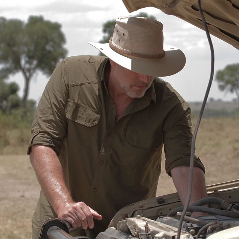 Explorer BUGTech Men's Insect Repellent Stretch Safari-Styled Shirt with UPF50+ in Dark Olive by Safari Store USA