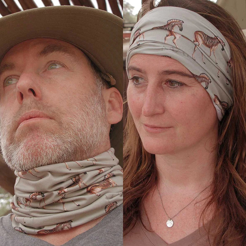 Multi-functional tubular head and neck scarf with UPF50 sun protection, in vintage wildlife print designs by Safari Store USA