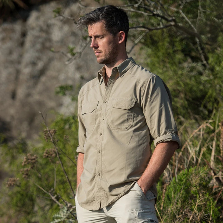 Explorer Men's Insect Repellent Stretch Safari-Styled Shirt with UPF50+ in Katavi Khaki by Safari Store USA