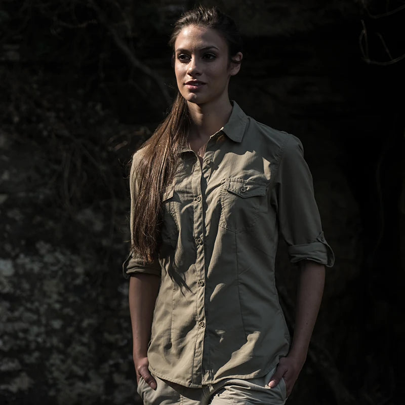 Women's Insect Repellent Stretch safari-styled Shirt in Katavi Khaki by Safari Store USA