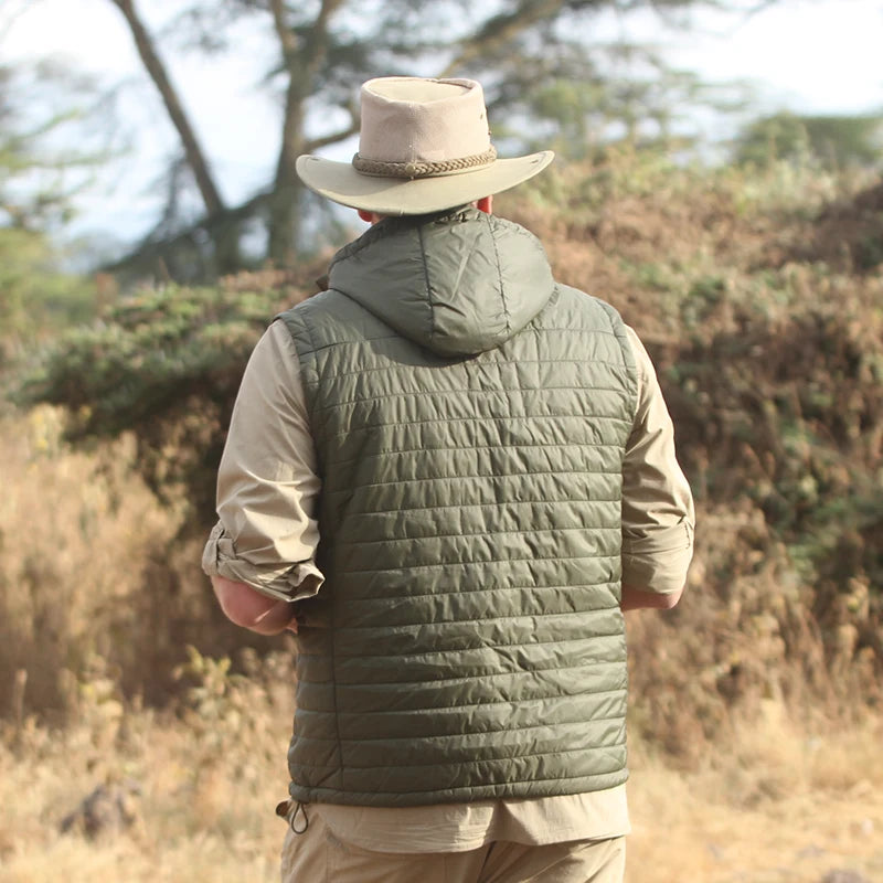 Men's Packable Puffer Jacket Vest with Primaloft insulation and removable hood by Safari Store USA - back view, Olive