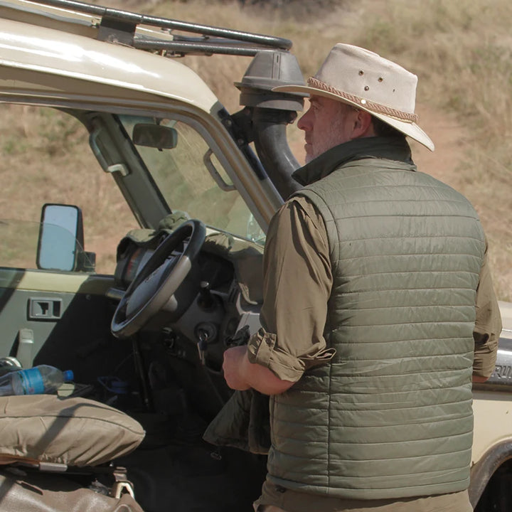 Men's Packable Puffer Jacket Vest with Primaloft insulation showing collar when hood removed, in Olive - by Safari Store USA