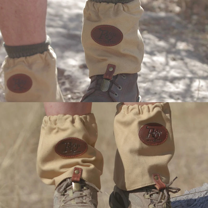 Canvas Leg Gaiters to help to protect your socks and ankles when walking in tan canvas and leather - by Safari Store USA