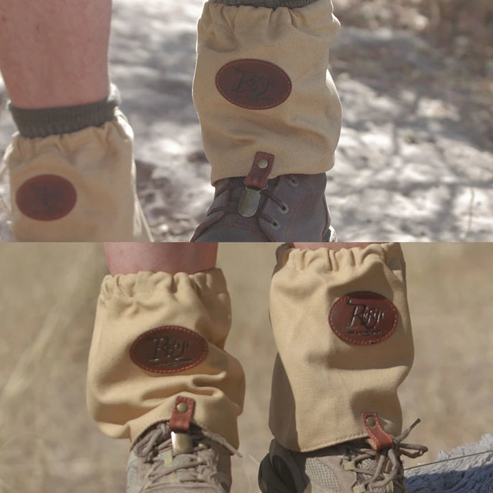 Canvas Leg Gaiters to help to protect your socks and ankles when walking in tan canvas and leather - by Safari Store USA