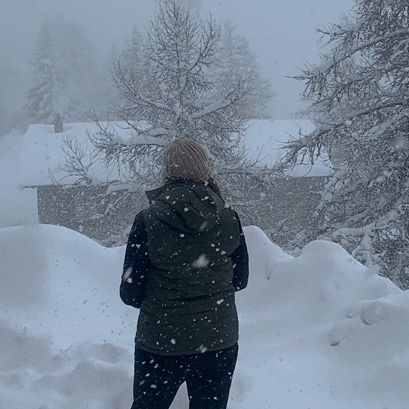 Alpine-testing the Women's Packable Puffer Jacket Vest with Primaloft insulation & removable hoodie by Safari Store USA, Olive