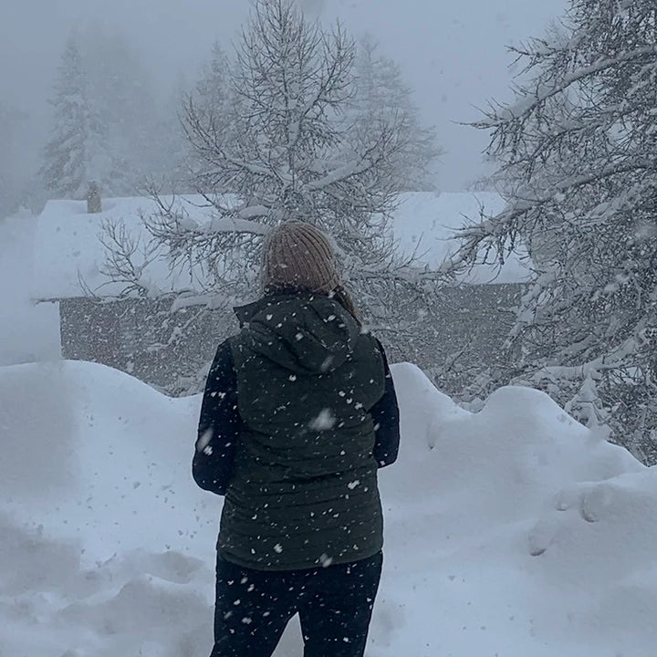 Alpine-testing the Women's Packable Puffer Jacket Vest with Primaloft insulation & removable hoodie by Safari Store USA, Olive