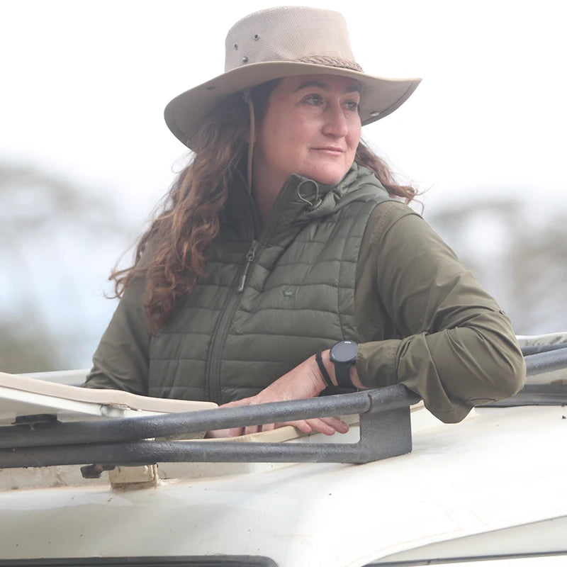 Women's Packable Puffer Jacket Vest with Primaloft insulation, removable hoodie, double zip by Safari Store USA - in Olive