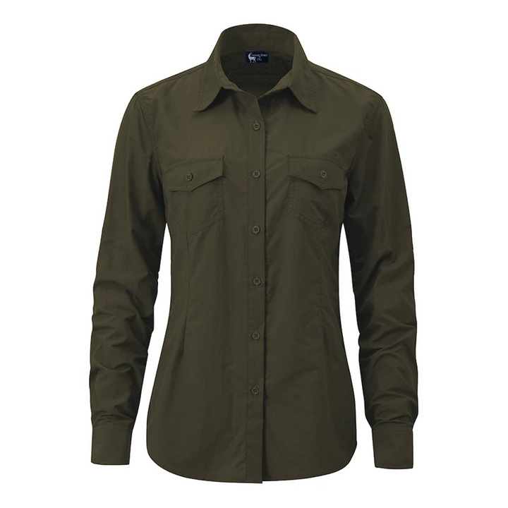 Pioneer BUGTech Women's Anti-insect Stretch Safari-Styled Shirt in Dark Khaki Olive by Safari Store USA