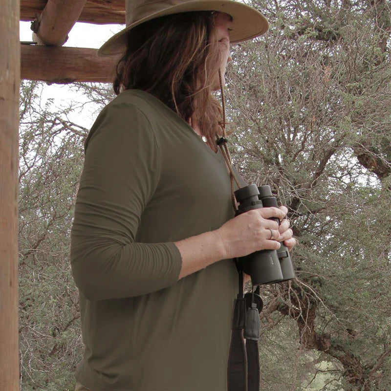 Women's Safari and Outdoor Long Sleeve V-Neck T-shirt in Olive (Polycotton) by Safari Store USA