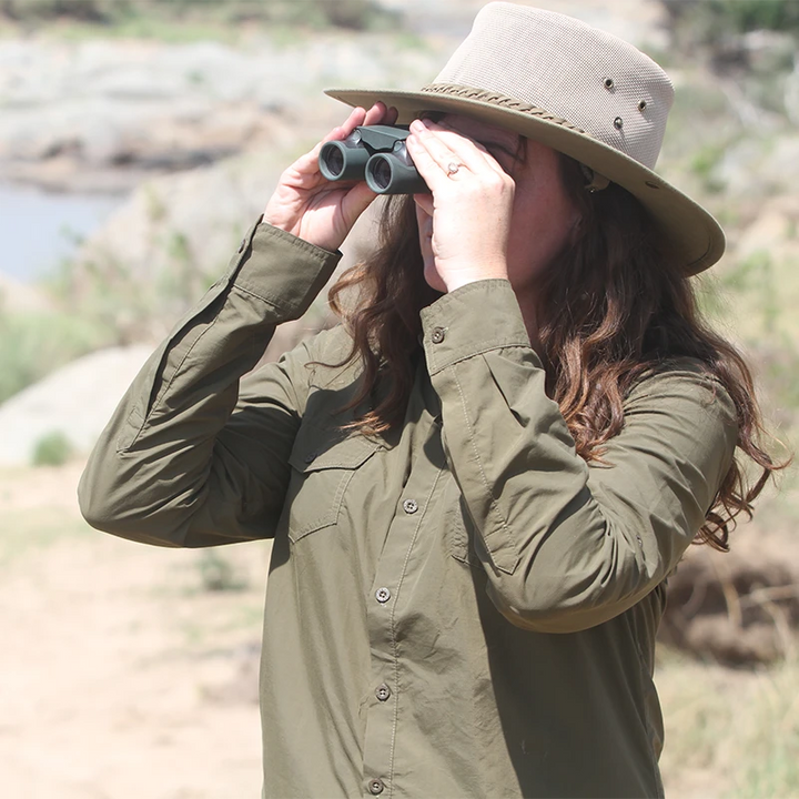 Women's Insect Repellent Stretch Safari-styled Shirt in Dark Olive with UPF50+ Sun Protection & Wicking by Safari Store USA