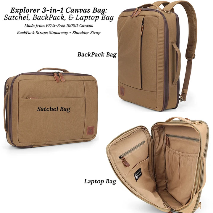 Explorer 3-in-1 Canvas Satchel, backpack, and laptop bag by Safari Store USA