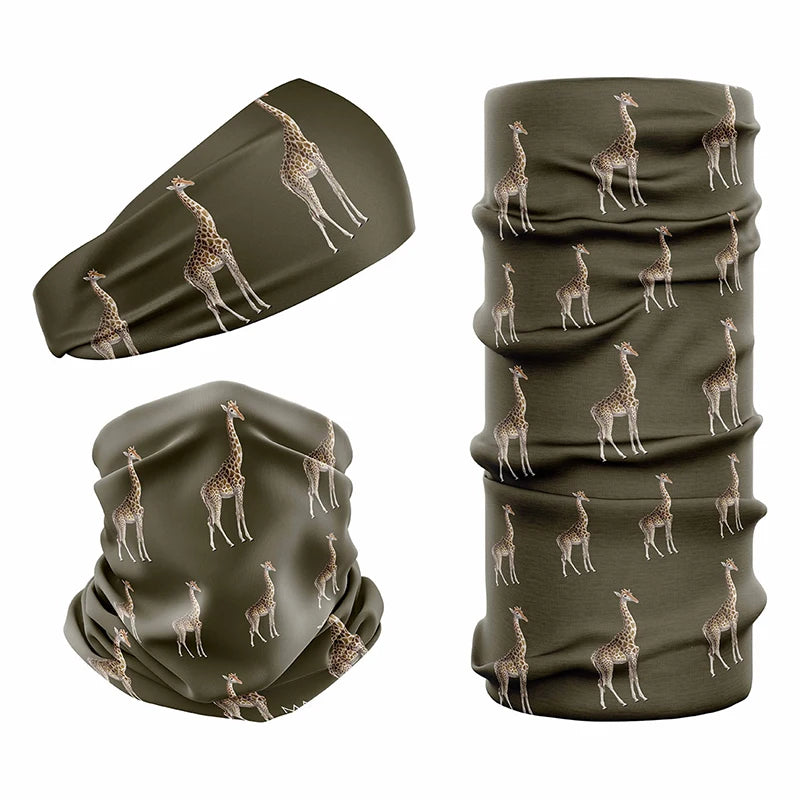 Multi-functional headwear and neck gaiter with UPF50 sun protection by Safari Store USA. Vintage print Giraffe Olive design.