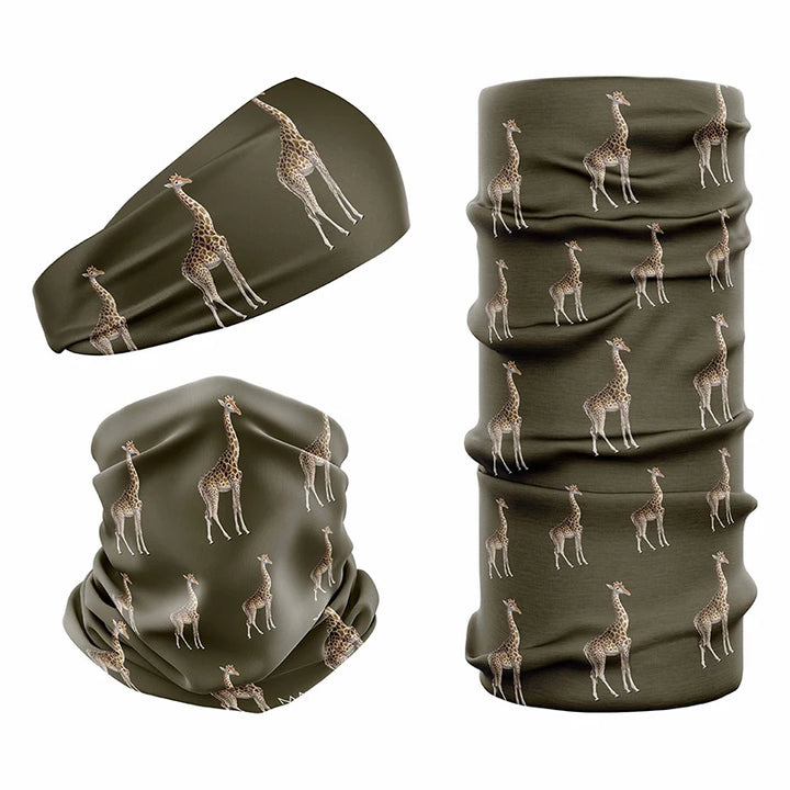 Multi-functional headwear and neck gaiter with UPF50 sun protection by Safari Store USA. Vintage print Giraffe Olive design.