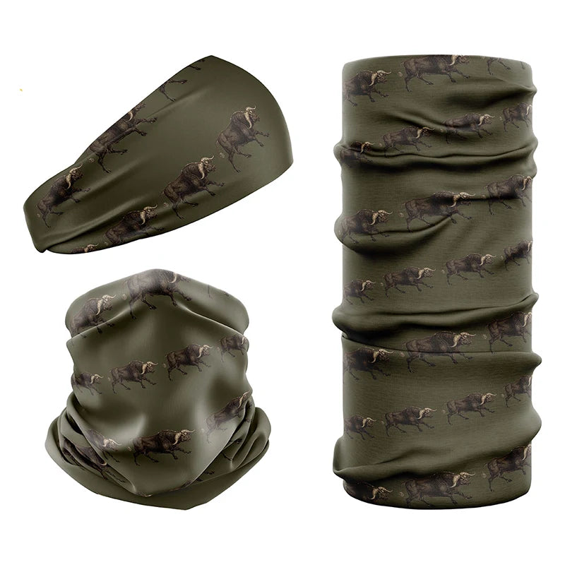 Multi-functional headwear & neck gaiters with UPF50 sun protection by Safari Store USA. Vintage print Buffalo design in Olive.