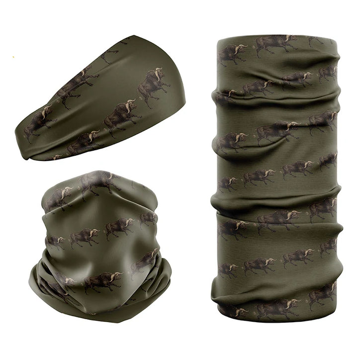 Multi-functional headwear & neck gaiters with UPF50 sun protection by Safari Store USA. Vintage print Buffalo design in Olive.