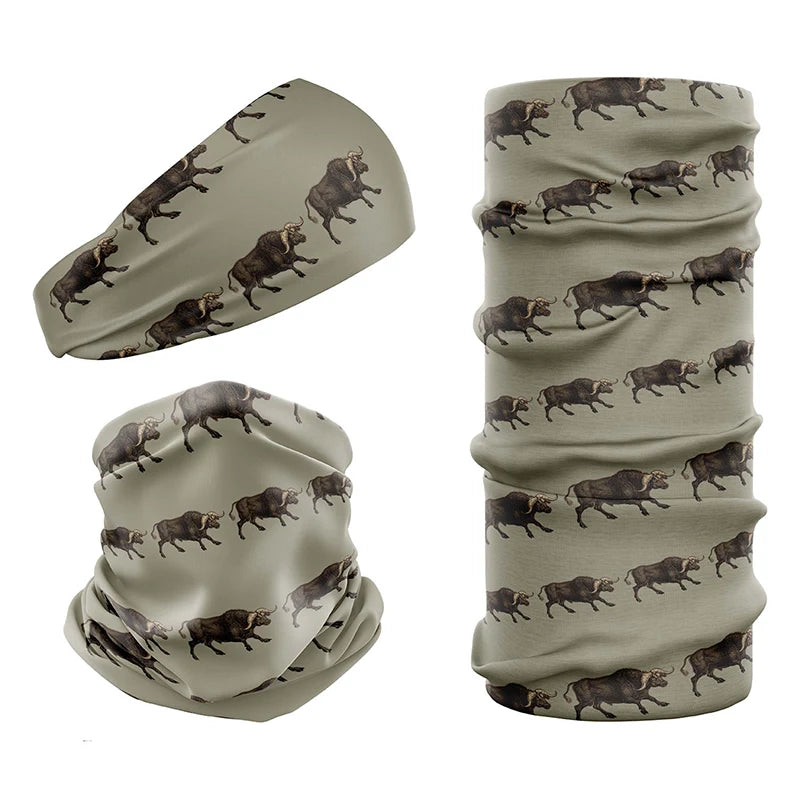 Multi-functional headwear & neck gaiters with UPF50 sun protection by Safari Store USA. Vintage print Buffalo design.