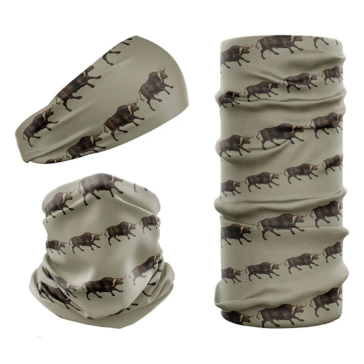 Multi-functional headwear & neck gaiters with UPF50 sun protection by Safari Store USA. Vintage print Buffalo design.