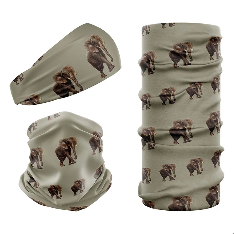 Multi-functional headwear and neck gaiters with UPF50 sun protection by Safari Store USA. Vintage print Elephant Bull design.
