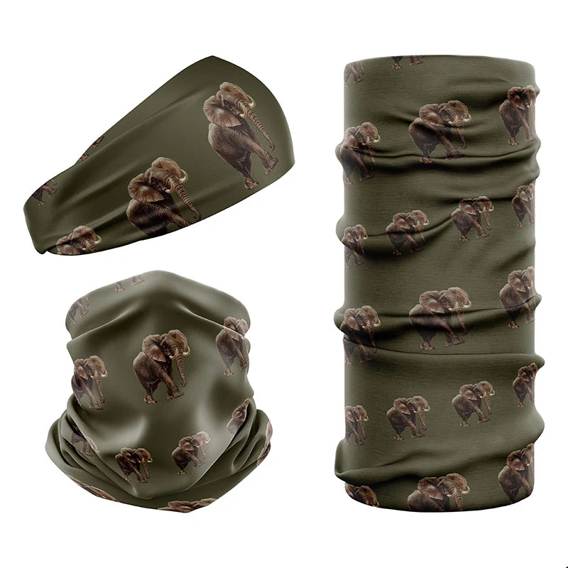 Multi-functional headwear & neck gaiters with UPF50 sun protection by Safari Store USA. Vintage print Elephant Bull design in Olive.