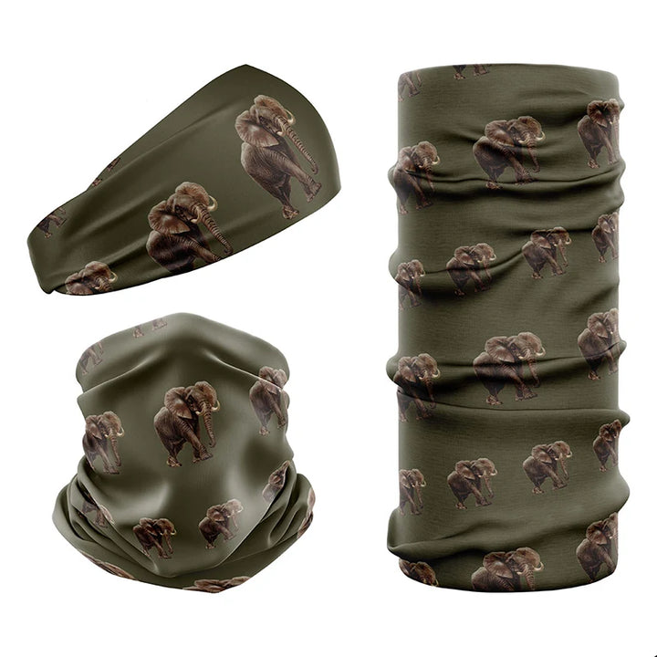 Multi-functional headwear & neck gaiters with UPF50 sun protection by Safari Store USA. Vintage print Elephant Bull design in Olive.