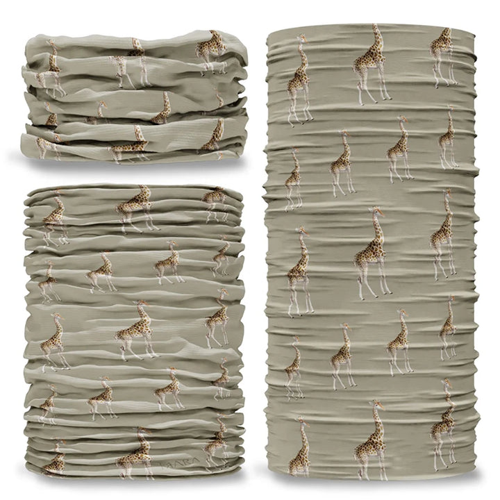Multi-functional headwear and neck gaiters with UPF50 sun protection by Safari Store USA. Vintage print Giraffe design. 
