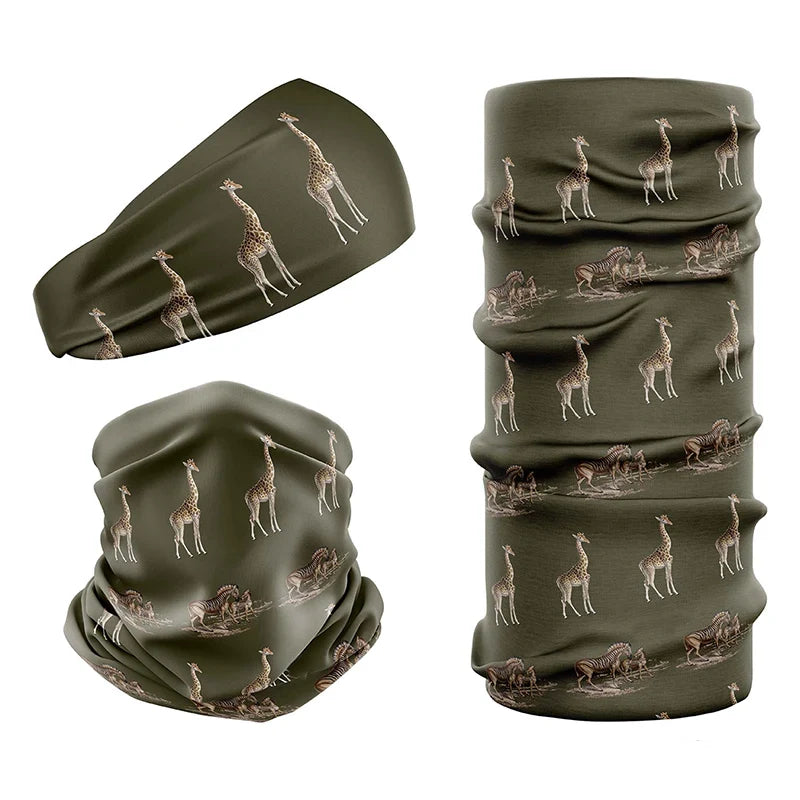 Multi-functional headwear and neck gaiters with UPF50 sun protection by Safari Store USA. Vintage print Giraffe & Zebra Olive design.