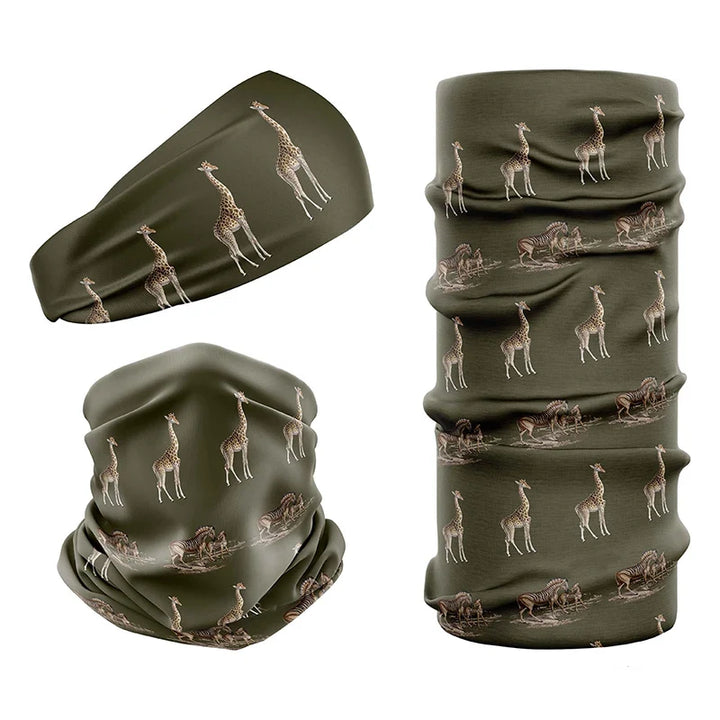 Multi-functional headwear and neck gaiters with UPF50 sun protection by Safari Store USA. Vintage print Giraffe & Zebra Olive design.