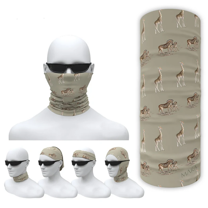 Eight ways to wear the multi-functional head and neck tubular scarf, in vintage print wildlife design by Safari Store USA