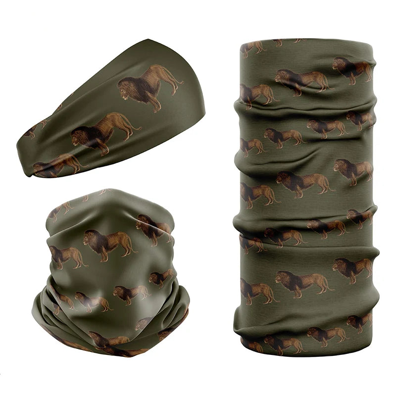 Multi-functional headwear and neck gaiters with UPF50 sun protection by Safari Store USA. Vintage print Lion Olive design.
