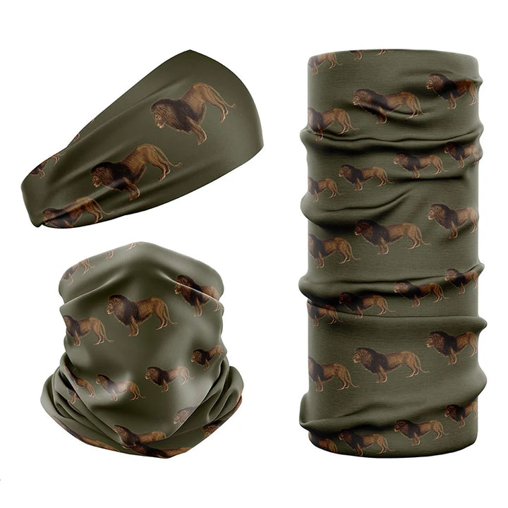 Multi-functional headwear and neck gaiters with UPF50 sun protection by Safari Store USA. Vintage print Lion Olive design.