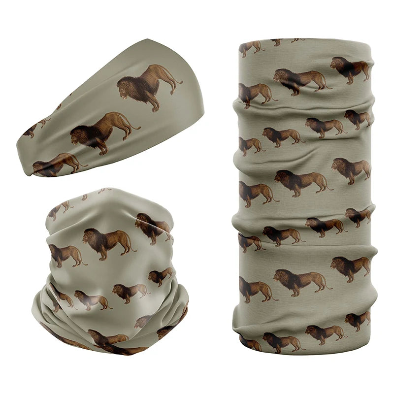 Multi-functional headwear and neck gaiters with UPF50 sun protection by Safari Store USA. Vintage print Lion design.