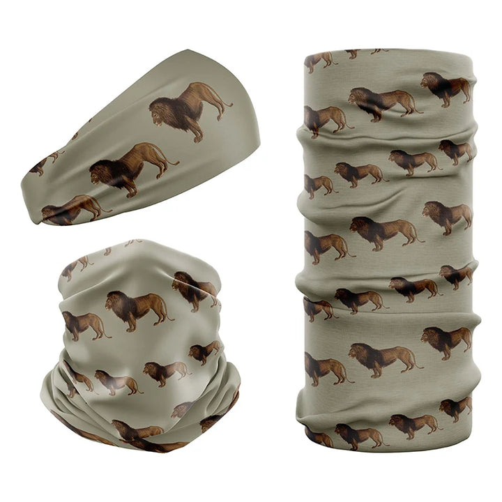 Multi-functional headwear and neck gaiters with UPF50 sun protection by Safari Store USA. Vintage print Lion design.