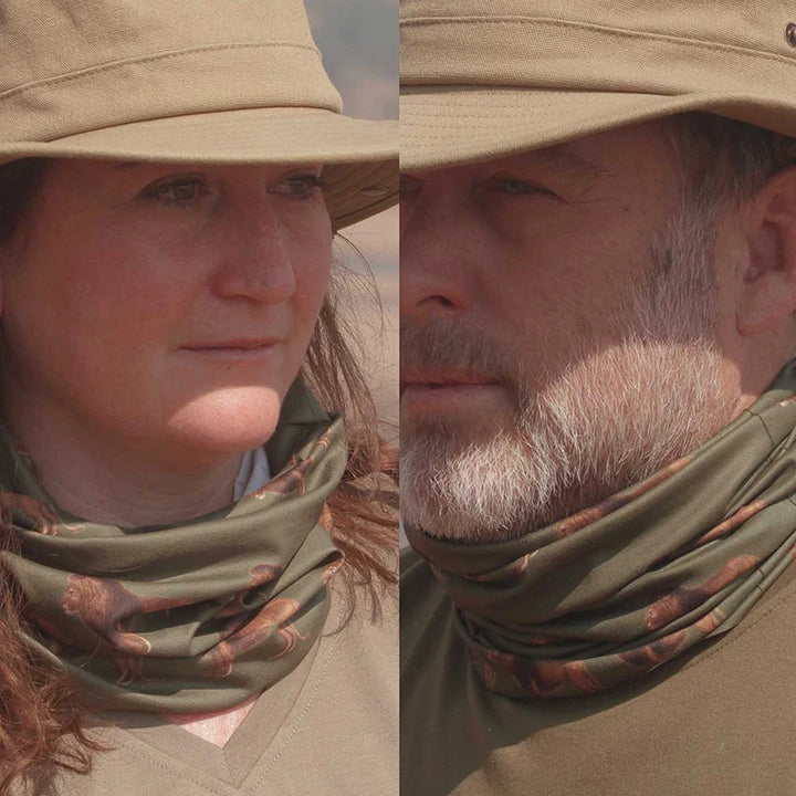 Multi-functional tubular scarf with UPF50 sun protection, in vintage print design by Safari Store USA - great for the outdoors and safari
