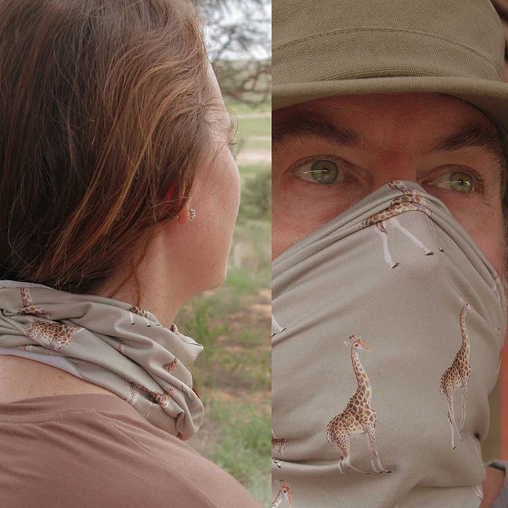 Multi-functional head and neck scarf with UPF50 sun protection for men and women, in vintage print design by Safari Store USA