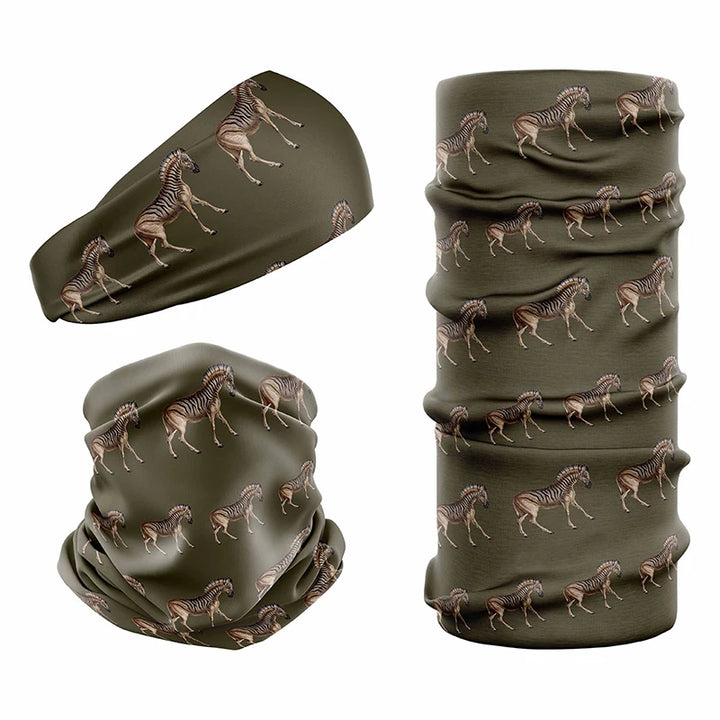 Multi-functional headwear and neck gaiters with UPF50 sun protection by Safari Store USA. Vintage print Zebra Olive design.