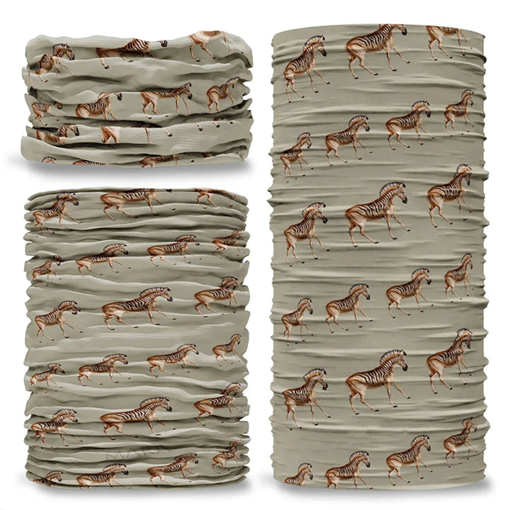 Multi-functional headwear and neck gaiters with UPF50 sun protection by Safari Store USA. Vintage print Zebra design.