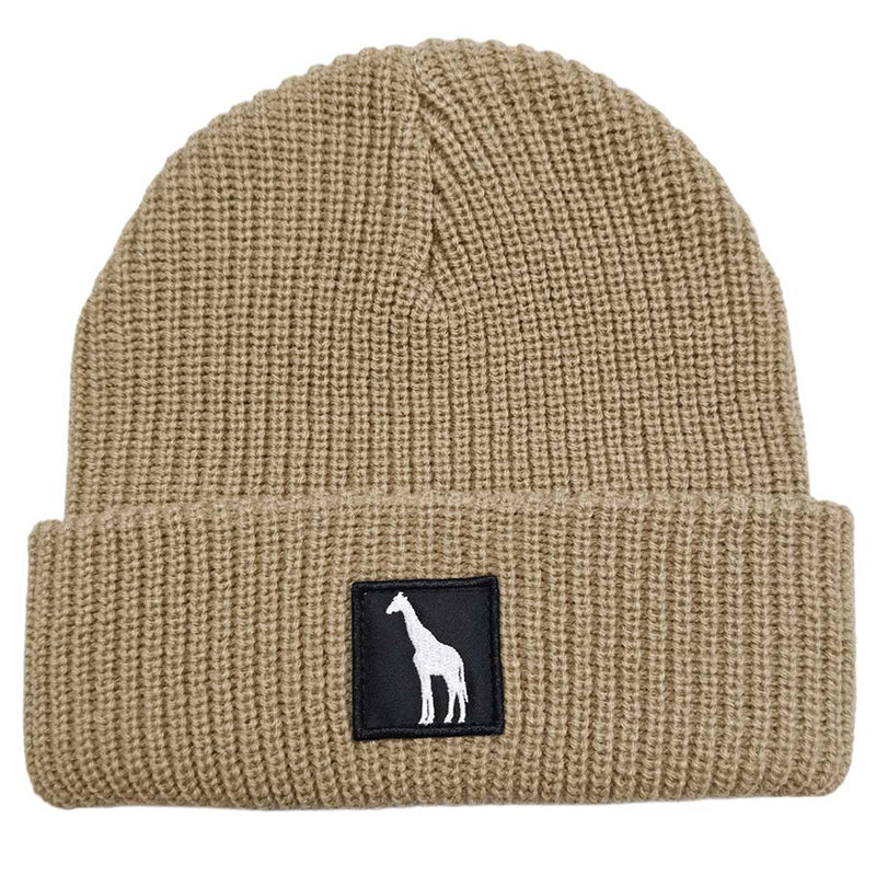 Khaki twill rib-knit beanie with giraffe embroidery from Safari Store USA