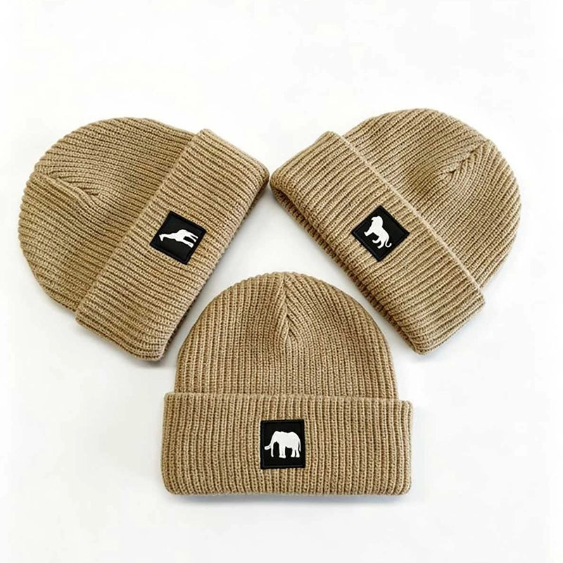 Khaki twill rib-knit cuffed beanies with African wildlife silhouette from Safari Store USA